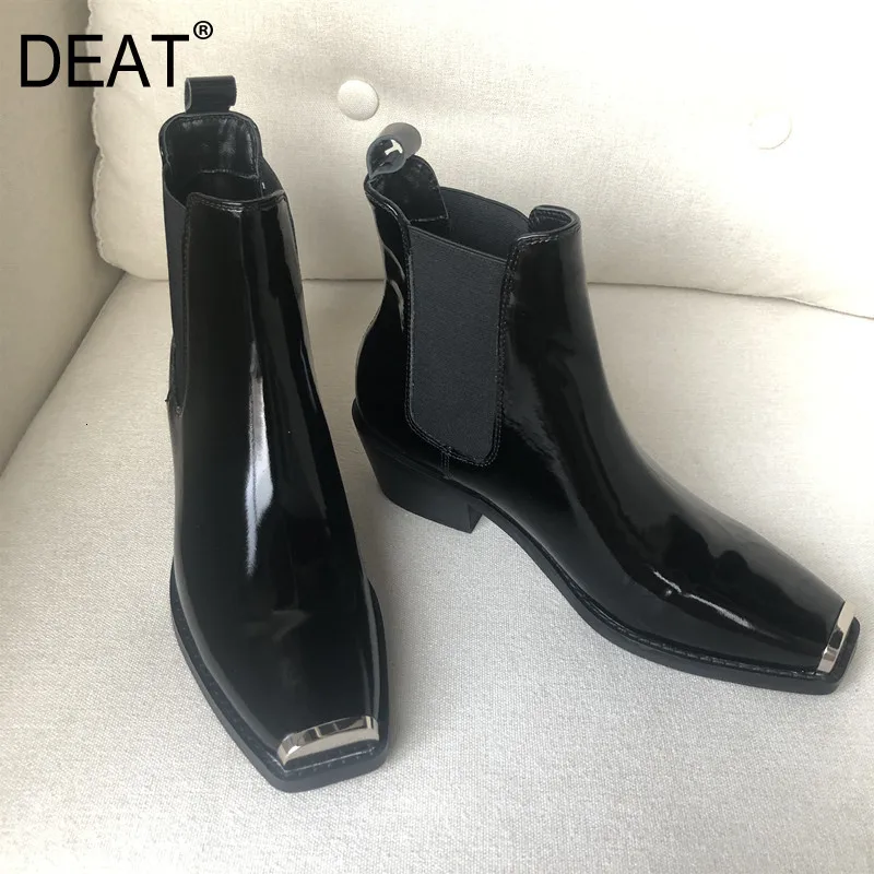 

[DEAT] 2019 Square Toe Elastic Band Pu Leather Spliced Black Velvet Women Short Boots New Autumn Winter Fashion Tide 10E860