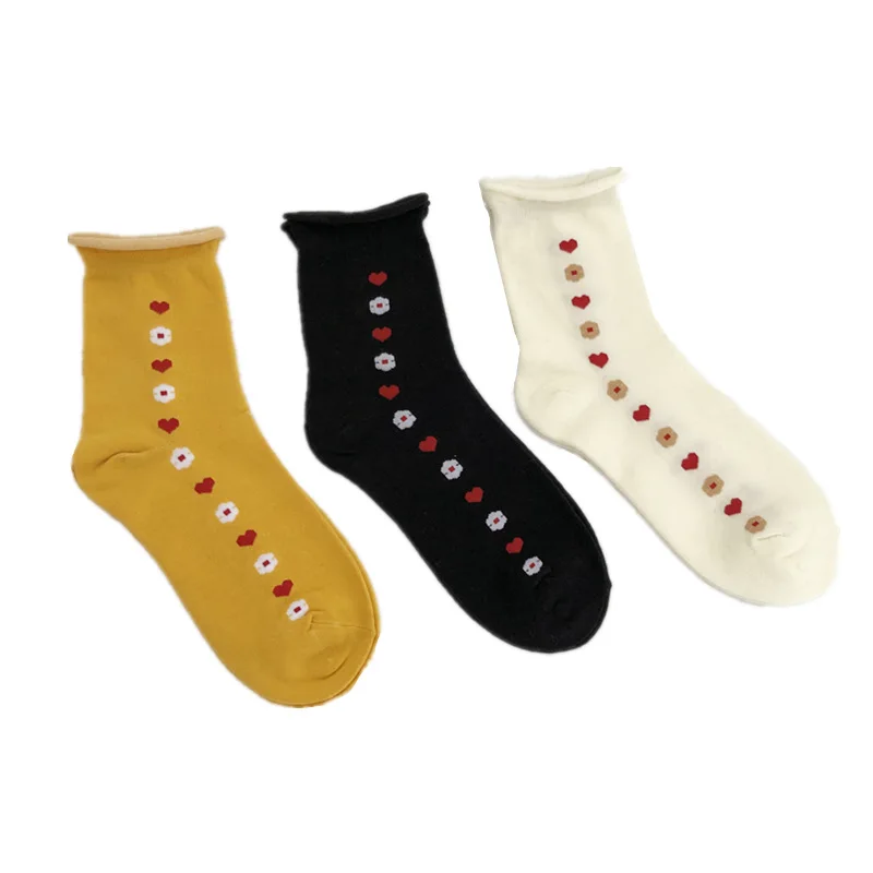 Чистый цвет любящее сердце с цветочным принтом носки осень зима для женщин хлопок Японский harajuku край носка дышащие впитывают пот
