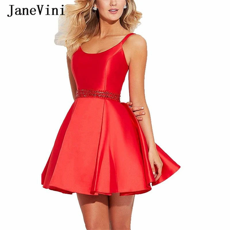 

JaneVini Elegant A Line Short Red Homecoming Dress 2019 Scoop Neck Sleeveless Satin Beaded Backless Plus Size Graduation Dresses