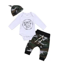  0-2Yrs Baby Boys Clothes Outfits Letters Printted Romper Tops Camouflage Pants Hats 3Pcs Spring Autumn Kid Boys Clothing 