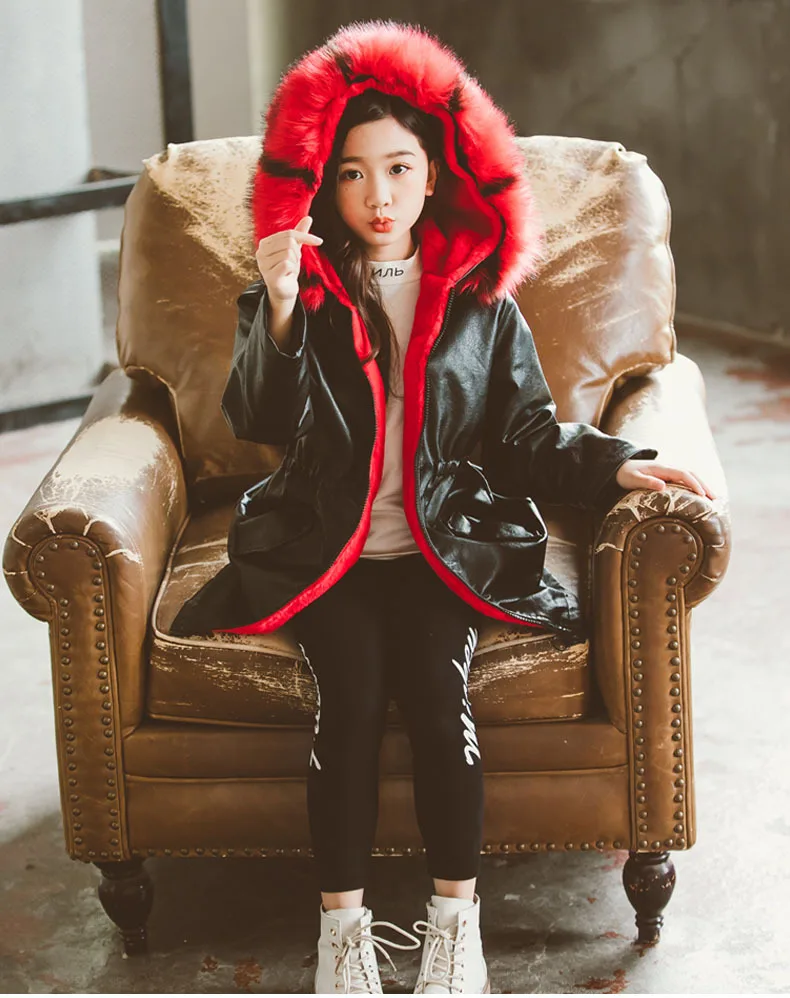 New Fashion Winter Coat Girl Warm Thickening Leather Outerwear For Girl large Fur Collar Cotton Coat Winter Jacket For Girl