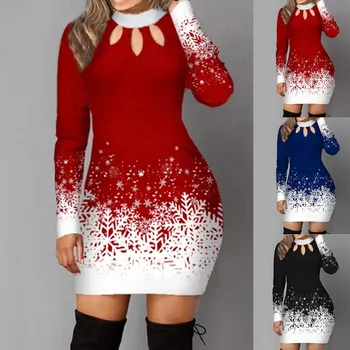New Women Kintted Dress Sexy Hollow out Winter Christmas Snowflake Party Slim Mini Dress Fashion Elegant Female Sweater Dress