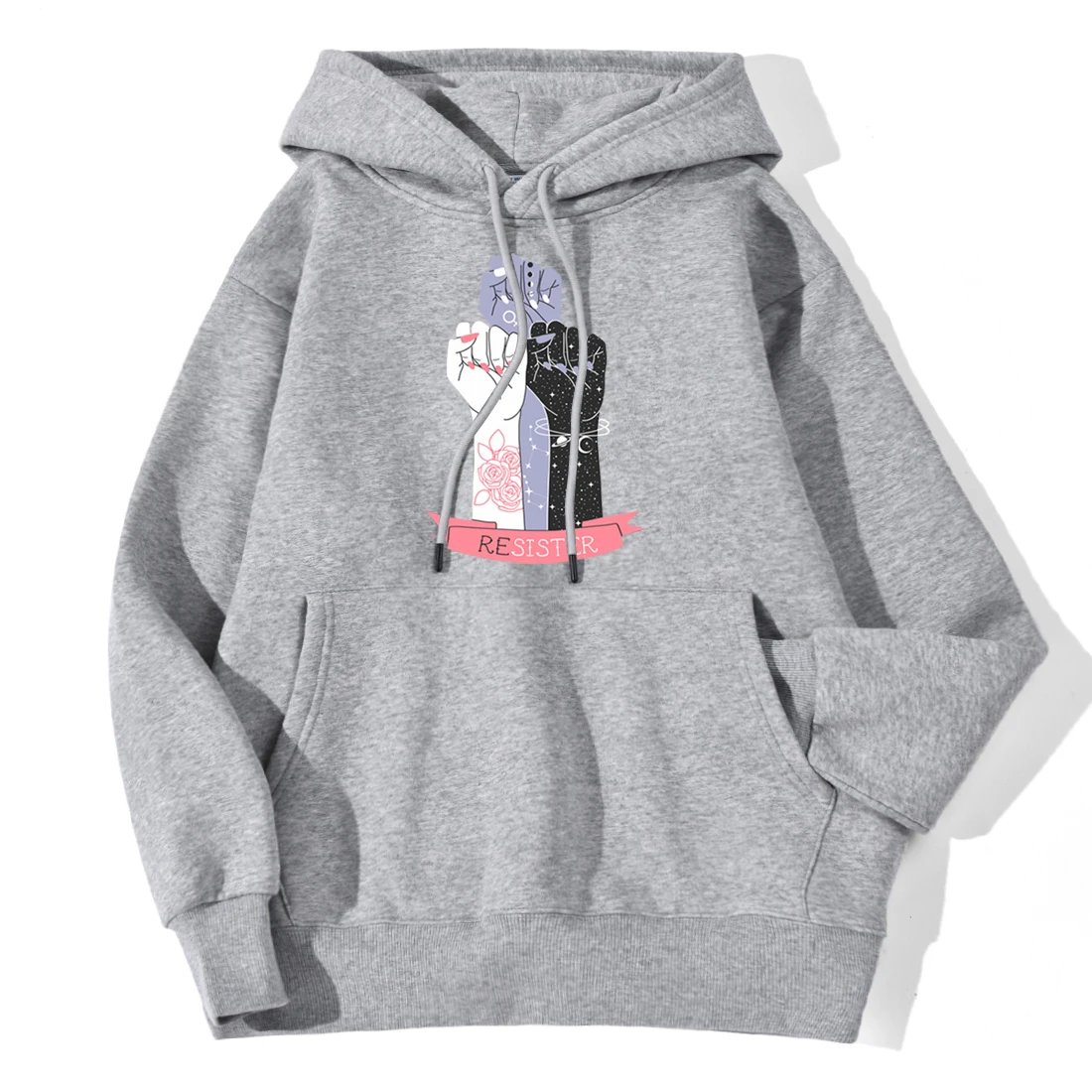 

Cartoon Fighting Hand Print Hoodies Women's Fashion Sweatshirt Autumn Winter Long Sleeve Warm Fleece Pullover Hiphop Streetwear