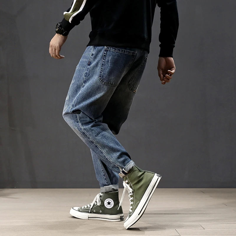 Fashion Streetwear Men Jeans Retro Blue Loose Fit Harem Pants Stripe Pocket Designer Hip Hop Jeans 5