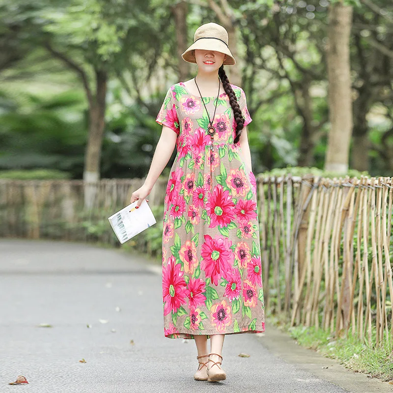 

2019 Summer New Style Ethnic-Style Cotton Linen Printed Crew Neck Literature And Art Dress High-waisted Loose-Fit Slimming Long