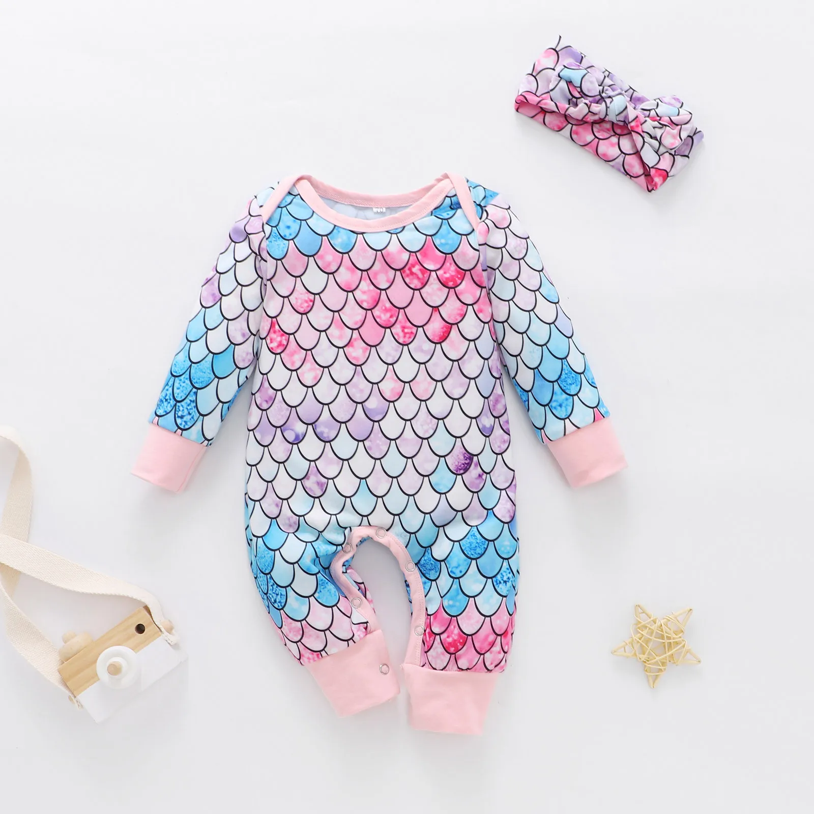 

0-12Months Beautiful mermaid Suit Infant Baby Boys Girls Boys Gradient Gamp Scale Priting Jumpsuit Romper+Headband Colorful M5