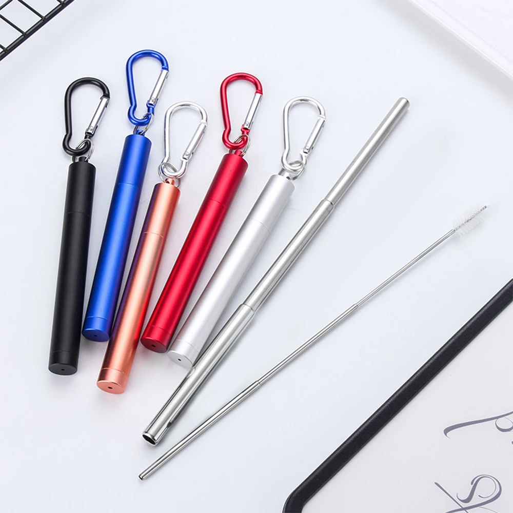 

Steel Stainless Reusable Retractable Portable Drinking Straw And Brush Kit Tool With Container Telescopic Straw For Travel 1set