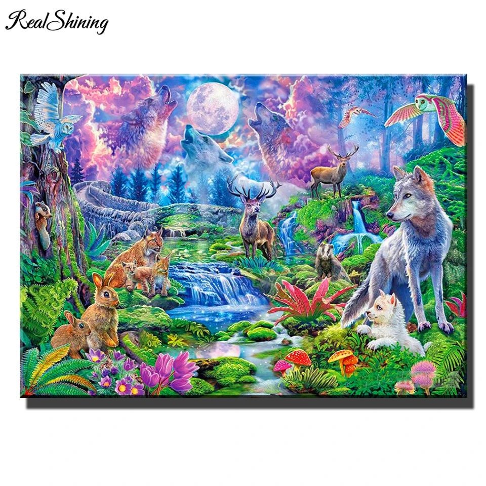 Fantasy Wolf Howl Diy 5D Diamond Painting Full Square Round Drill Diamond Ricamo Elks,Rabbit Mosaic Stream Forest,T304