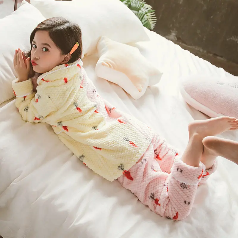 Детский Теплый фланелевый пижамный комплект для девочек; зимняя детская одежда для сна; костюм для подростков; одежда для сна в стиле пэчворк для девочек; Новогодняя Пижама