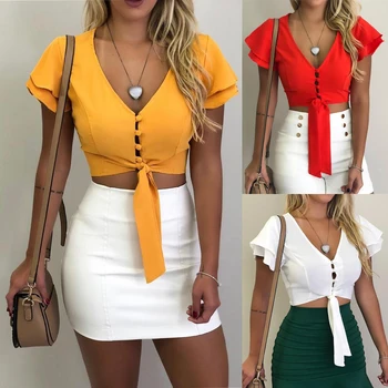 

2019 Ladies Short Sleeve V-Neck Blouse Sexy Solid 3 Color Shirts Crop Tops Women Summer Casual Ruffled Button-Down Shirt Top