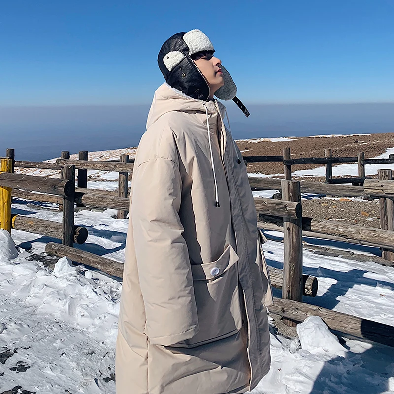 Зимнее длинное пальто для мужчин, теплая Толстая Модная парка для мужчин, однотонное повседневное пальто с капюшоном, Мужская свободная хлопковая куртка, Мужская одежда
