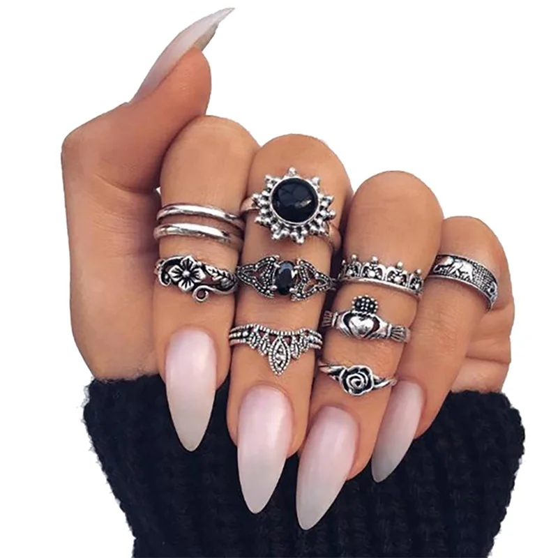 

KISSWIFE 10Pc /Set Openwork Flower Elephant Crown Flower Peach Heart Round Gem Adjustable Women Silver Rings Fashion Jewelry