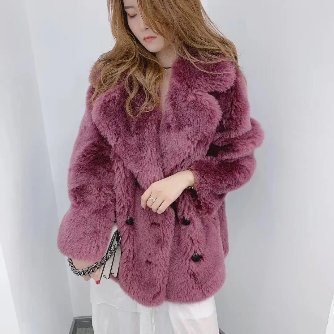 

rf1933B 100% Wool Fur Coat Women Shearling Jacket Long Sleeve Faux Suede Lining Lady's Fur Jacket