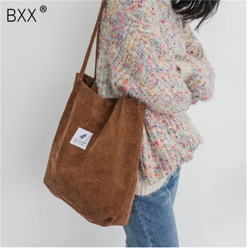 

[BXX] High Capacity Women Corduroy Tote Ladies Casual Solid Color Shoulder Bag Foldable Reusable Women Shopping Beach Bag HI793
