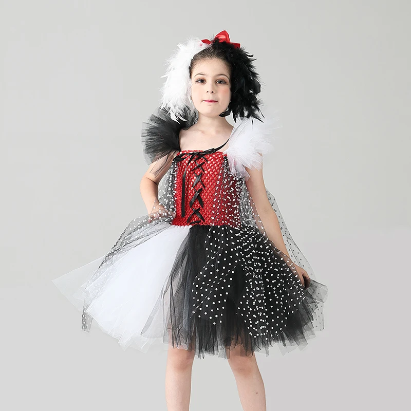 Cruella De Vil inspired Girls Tutu Dress with Headband Kids Dalmatians Villain Halloween Costume Polka Dot Children Party Dress (4)