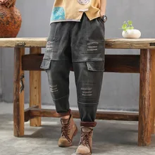 Осенне-зимние женские джинсы большого размера, плотные флисовые джинсовые штаны, новые повседневные женские винтажные брюки с эластичной талией 2109