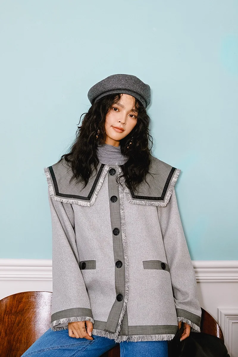 Autumn Original Design Gloria&Grace Gray Patchwork Big Collar Tassel Fashion INSTAGRAM Oversize Loose Coat Jacket Outerwear
