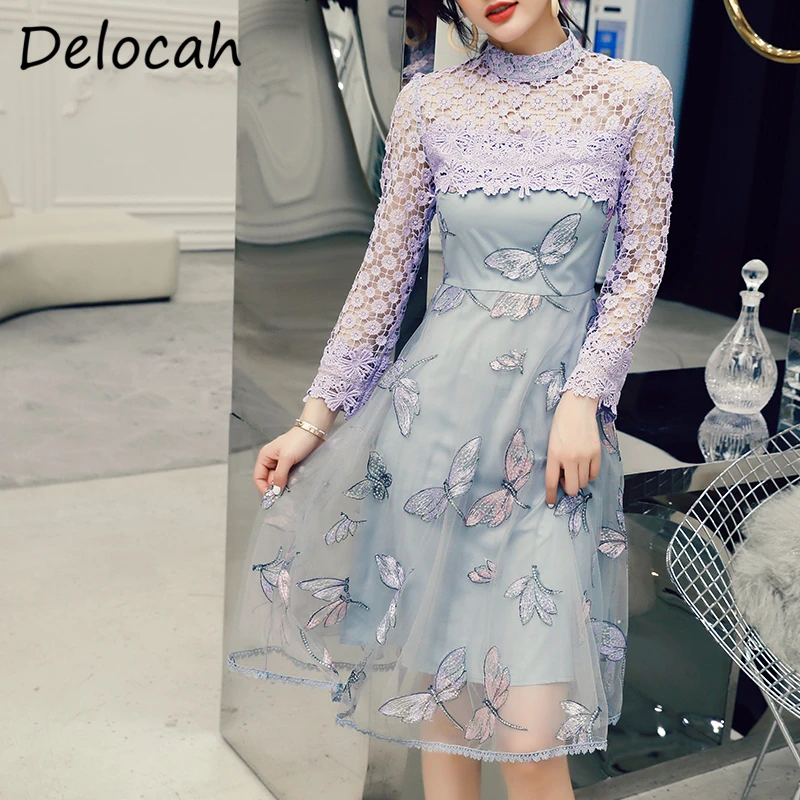 

Delocah Women Fashion Autumn DesignerÂ Party A-Line Dress Lace Sequined Mesh High Waist Slim Ladies Midi Dresses vestidos 20202