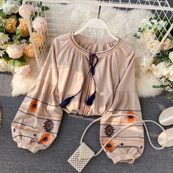 

2020 Women's Blouse Retro Indie Folk Embroidery Tassel Lace-up Long Lantern Sleeve Loose-Fit Versatile Sweet Pullover Shirt