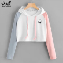 Dotfashion, цветная, с принтом инопланетян, укороченная толстовка, женская, повседневная, осенняя, с капюшоном, с длинным рукавом, пуловеры, для девушек, весна, консервативный Свитшот