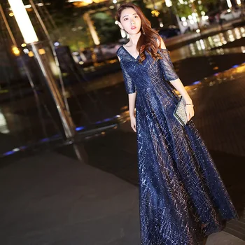 

Skyyue Evening Dresses Navy Blue Women A Line Formal Gown K196 V-Neck Lace Up Robe De Soiree New Floor Length Elegant Prom Dress