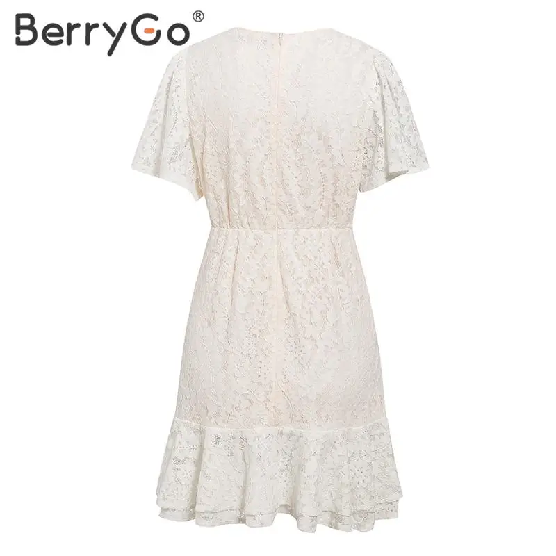 BerryGo летнее кружевное платье трапециевидной формы для женщин, шикарное дамское весеннее праздничное платье на завязках, сексуальное хлопковое короткое платье с v-образным вырезом и цветочным рисунком белого цвета