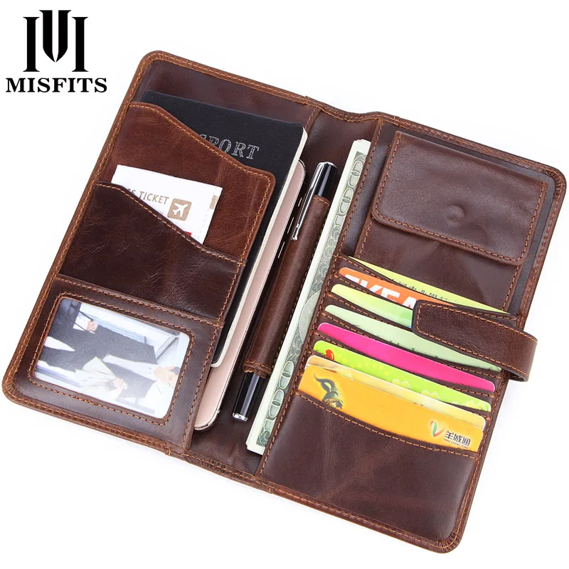 

MISFITS Luxury Brand Genuine Leather Men's Clutch Wallet Vintage Organizer Wallets Men Long Purse with Passport Holder Card Case