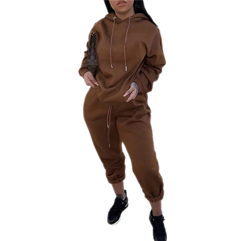 

Women Two-piece Clothes Set Solid Color Hooded Top + Drawstring Long Pants 2 Piece Outfits For Women Tracksuit Set Female Suit