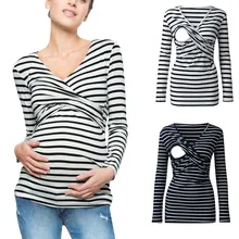 Женская блузка для беременных, для мам, для грудного вскармливания, в полоску, с длинными рукавами, блузка, топы, рубашка для беременных, Женская Повседневная Зимняя Блузка, рубашка C50
