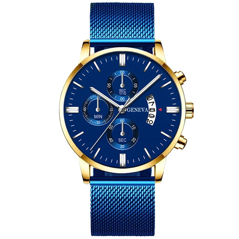 blue gold Montre Homme, классические синие мужские часы с сетчатым ремешком из нержавеющей стали, кварцевые часы с тонким ремешком, модные деловые аналоговые часы Uhren Herren - Цвет: blue gold
