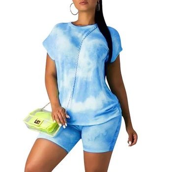 

Women Casual 2 Piece Outfits Casual Short Sleeve Tie Dye Print Top T-shirts Tee + Bodycon Short Pants Set Sportswear Pajama Sets