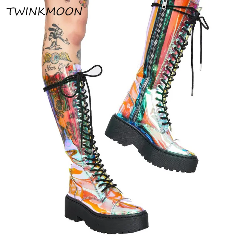 

Lace Up Women High Boots Transparent PVC 5CM Chunky Bottom Platform Boots Runway Designer Women's Autumn Shoes