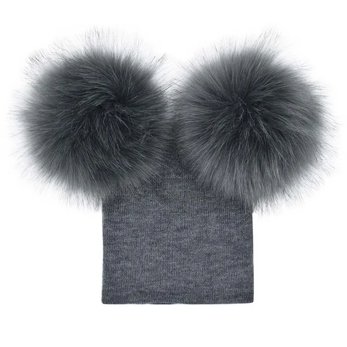 Зимняя детская вязаная шапка из искусственного меха, 2 плюшевых шарика, вязаная шапочка для маленьких девочек, теплая детская шапка с помпонами, NIN668