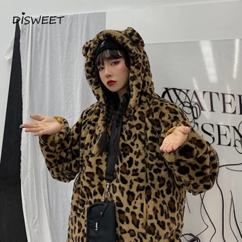 

Fashion Leopard Hooded Jacket Woman Street Dress Long Sleeve Autumn Loose Ladies Coat Temperament Warm Plush Slim Jacket Women