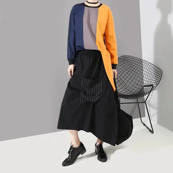 

Bazhenova Harajuku Style Women Clothing Fall Women Patchwork Striped Irregular Skirt For Woman Asymmetrical Pockert Skirts R644