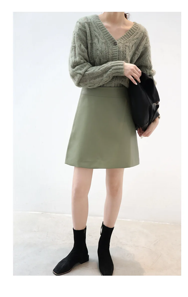Autumn female skirt waist PU casual solid color skirts