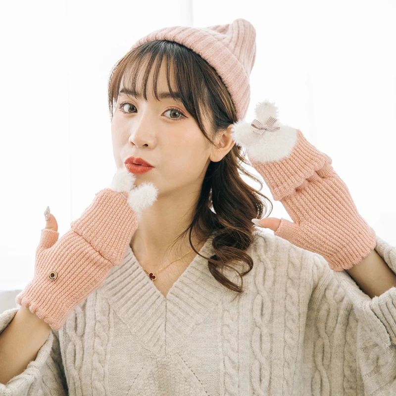 Милые перчатки зимние женские без пальцев Guantes Femme Rabbit luvas толстые теплые рукавички пэчворк Handschuhe для студентов и девушек