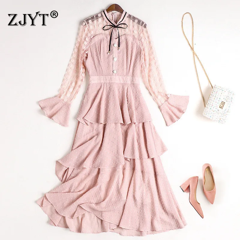 

2020 New Fashion Runway Designers Spring Dress Woman Clothes Elegant Flare Sleeve Lace Patchwork Ruffles Cascading Dress Party
