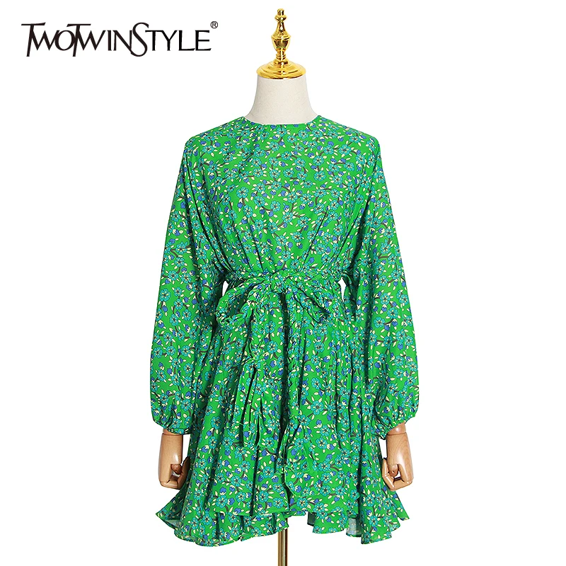 TWOTWINSTYLE Elegant Print Women Dress O Neck Lantern Long Sleeve High Waist Lace Up Bow Ruffles Mini Dresses For Female Fashion TWOTWINSTYLE Elegant Print Women Dress O Neck Lantern Long Sleeve High Waist Lace Up Bow Ruffles Mini Dresses For Female Fashion