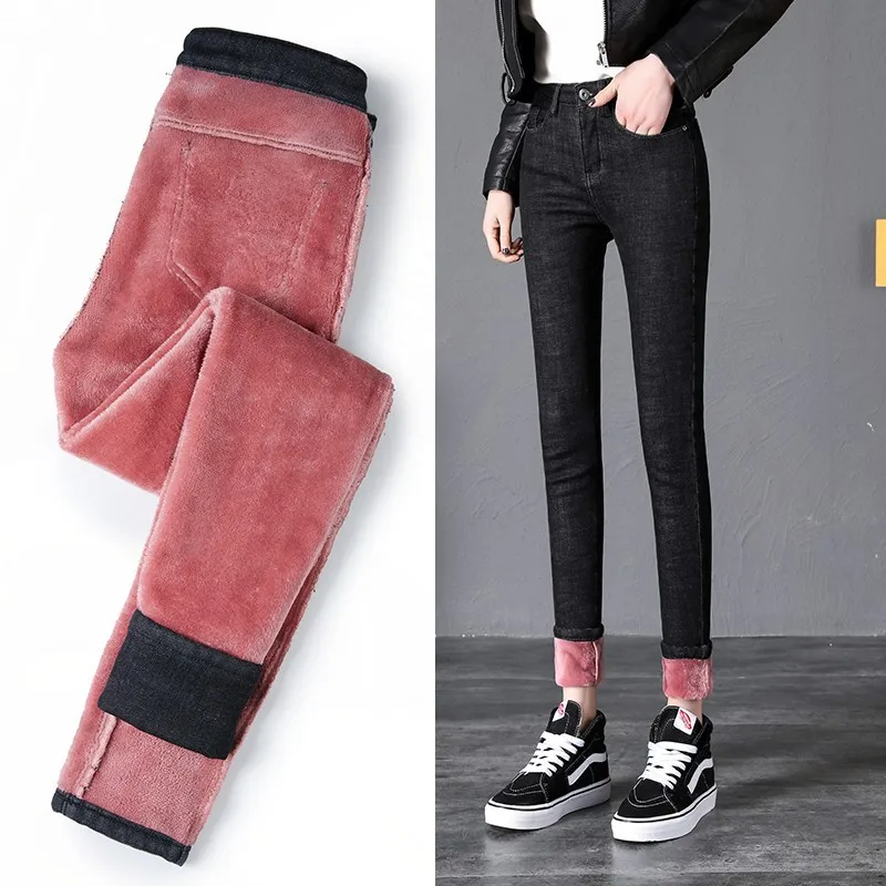 

Women jeans winter Solid color Thicken Keep warm High waist Pencil pants Skinny jeans Woman DK002