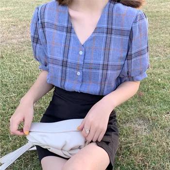 

Women Blouse Shirt Sexy V-Neck Button Up Plaid Print Summer Tops Blouses Blusas Female Casual Short Sleeve Shirts Fresh Style