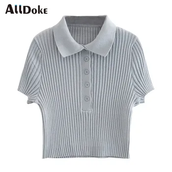 

ALLDOKE vintage casual t shirt women summer turn down collar short sleeve crop tops streetwear knitted gray cropped t shirts