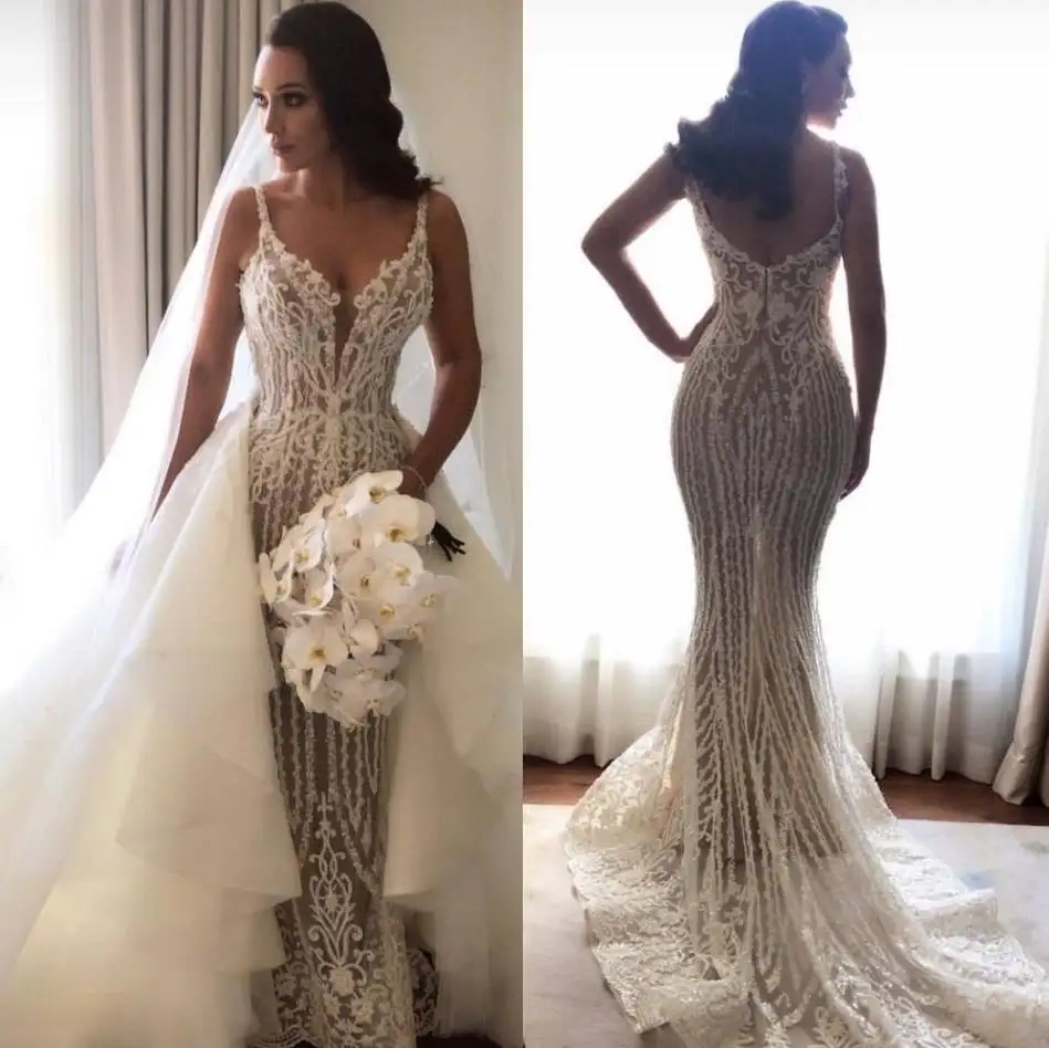 Vestidos De Novia Великолепные Свадебные платья Русалка Robe de Mariee сексуальное свадебное платье с v-образным вырезом, свадебное платье с бисером и кружевной аппликацией