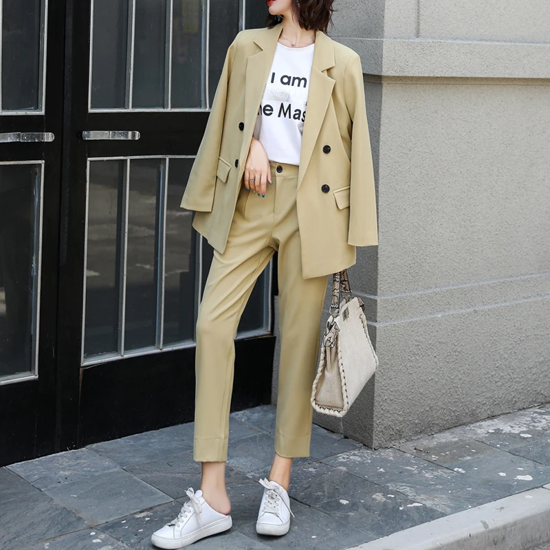 

New Spring Autumn Blazer + Pant Suits Two Peice Set Women Double Breasted Suit Jacket High Waist Pencil Pants