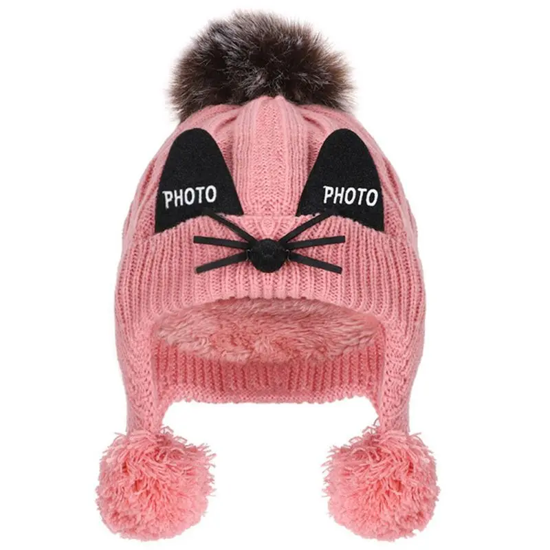 Вязанная шапка-ушанка с толстой плюшевой подкладкой для малышей, милые Мультяшные кошачьи уши, помпон, детская зимняя шапка с манжетой, шапка, теплая шапка