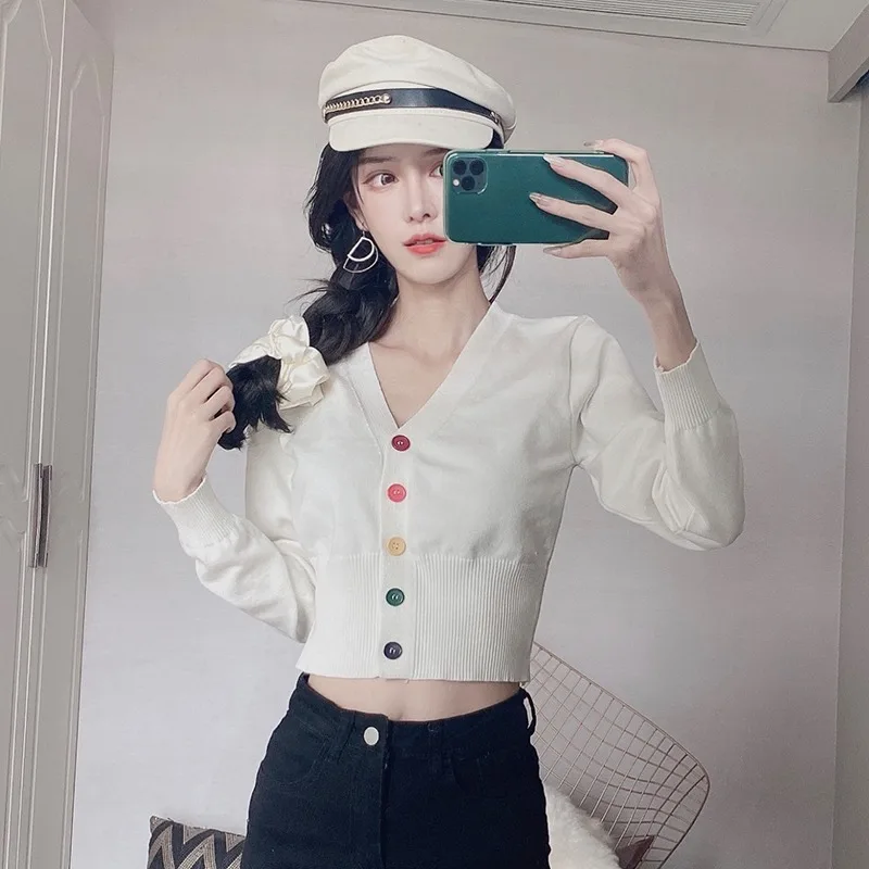 

Women's Knitted Sweaters Autumn Spring Short Cardigans Single Breasted V-Neck Casual Short Jacket Female Solid Jackets Jumpers