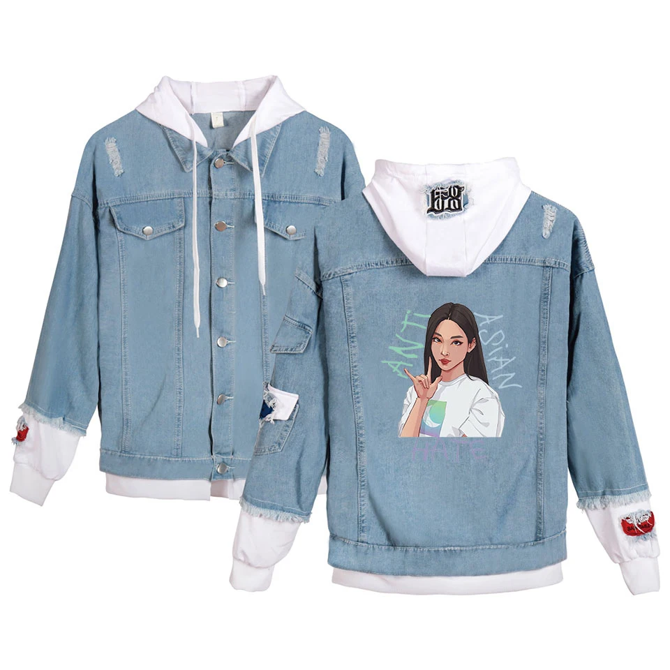 Stop Asian Hate Jacket Female Fake Two Piece Denim Jackets Long Sleeve Pockets Hooded Coat Boy Girl Streetwear