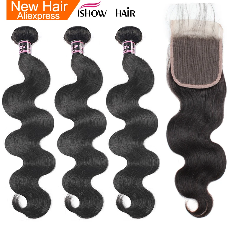 

Ishow Indian Body Wave 3 Bundles With Closure 100% Human Hair Bundles Lace Closure With Baby Hair Non Remy Hair Weave