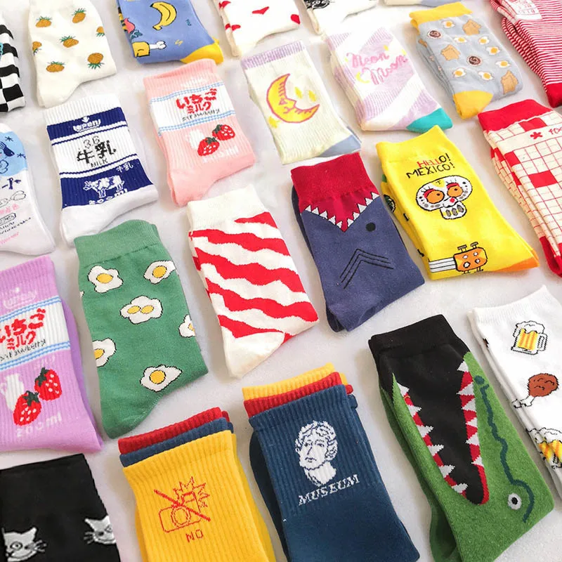 

Creative High Quality Fashion Harajuku Kawaii Happy Socks Women milk Food painting Strawberry Animal Print Funny Socks Cute Sock