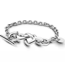 Genuíno 925 prata esterlina pulseira de coração atada coração-embelezado t-fecho link pulseira ajuste feminino talão charme moda jóias(China)